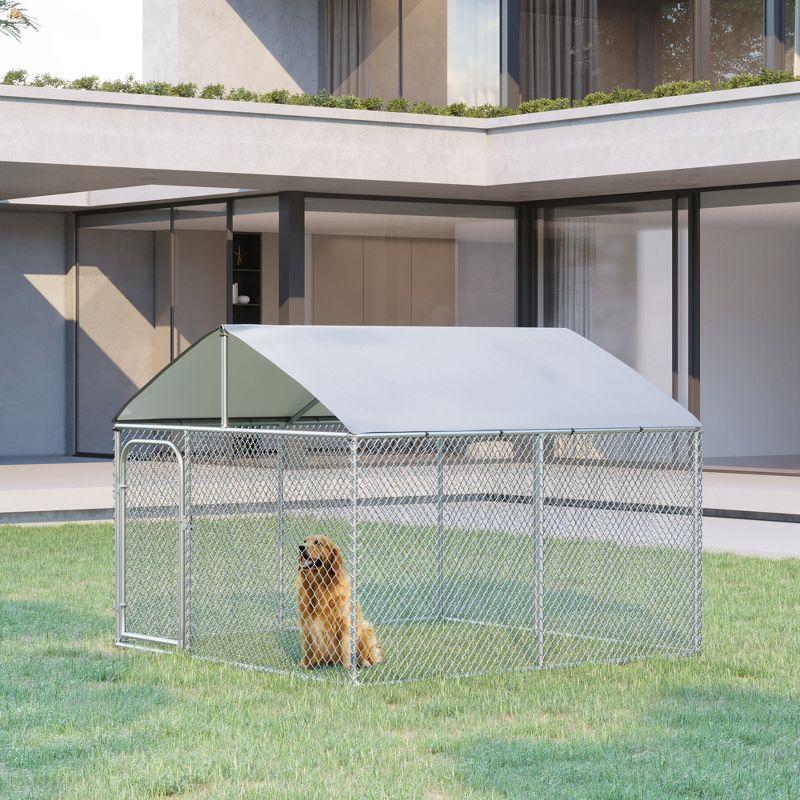 PawHut Outdoor Metal Dog Kennel, Pet Playpen with Steel Lock, Mesh Sidewalls and Cover for Backyard & Patio