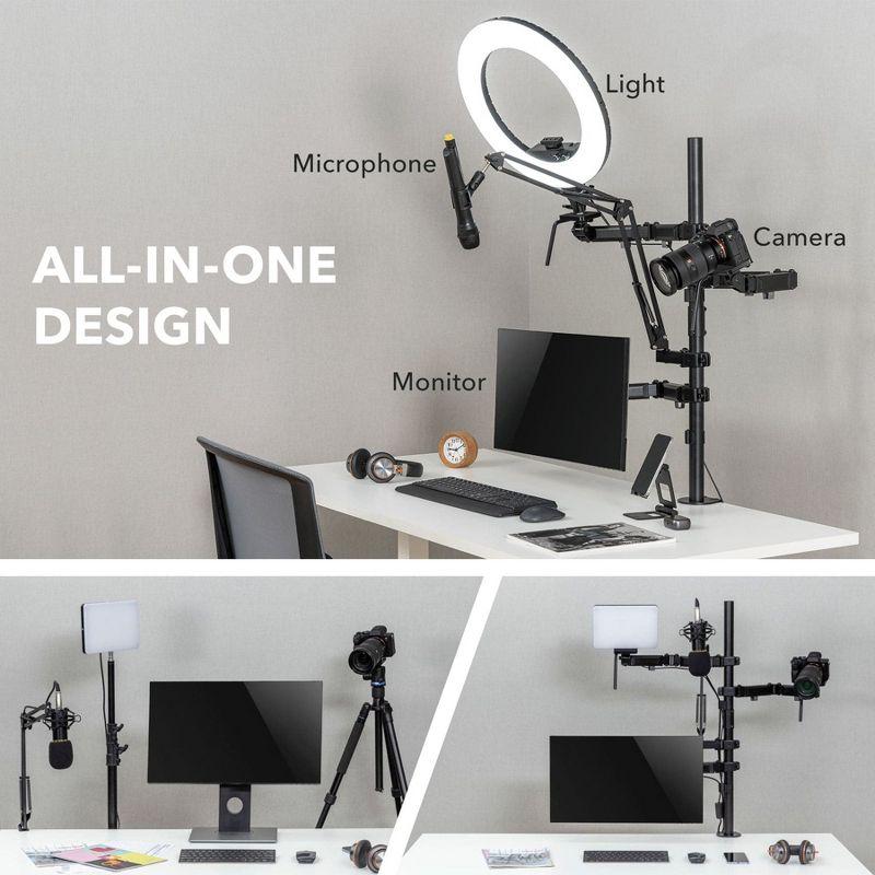 Mount-It! All in One Live Streaming Equipment | 4 Arm Streaming Desk Mount That Holds Monitor, Cameras & Ring Light with Mic | Desktop Live Stand Set