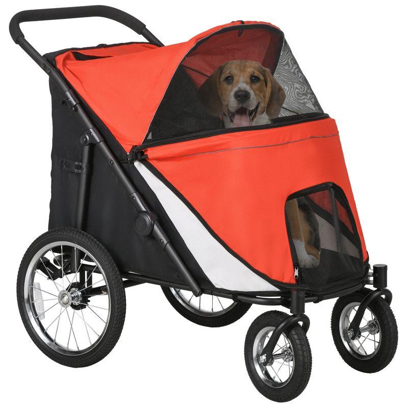 Red and Black Alloy Steel Pet Stroller with Mesh Windows