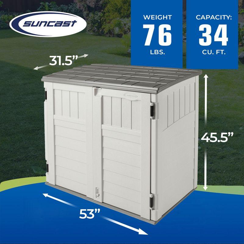 Suncast 34 Cubic Feet Capacity Horizontal Outdoor Storage Shed  for Garbage Cans, Garden Accessories, Backyard, and Patio Use, Vanilla