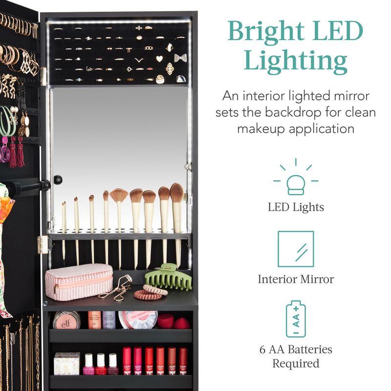 Best Choice Products Hanging Mirror Jewelry Armoire, Door or Wall Mounted Cabinet w/ LED Lights, Lock - Black