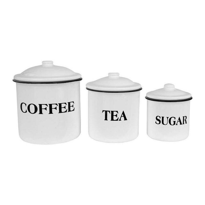 White Enameled Metal Coffee Tea Sugar Canister Set with Lids