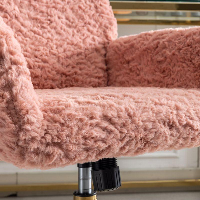 Pink Artificial Rabbit Fur Home Office Chair, Adjustable Swivel Desk Chair with Gold Metal Base and Wheels - The Pop Home