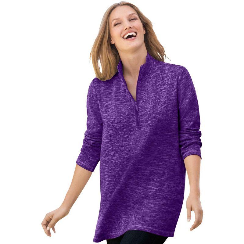 Radiant Purple Marled Plus Size Cotton Blend Quarter-Zip Sweatshirt