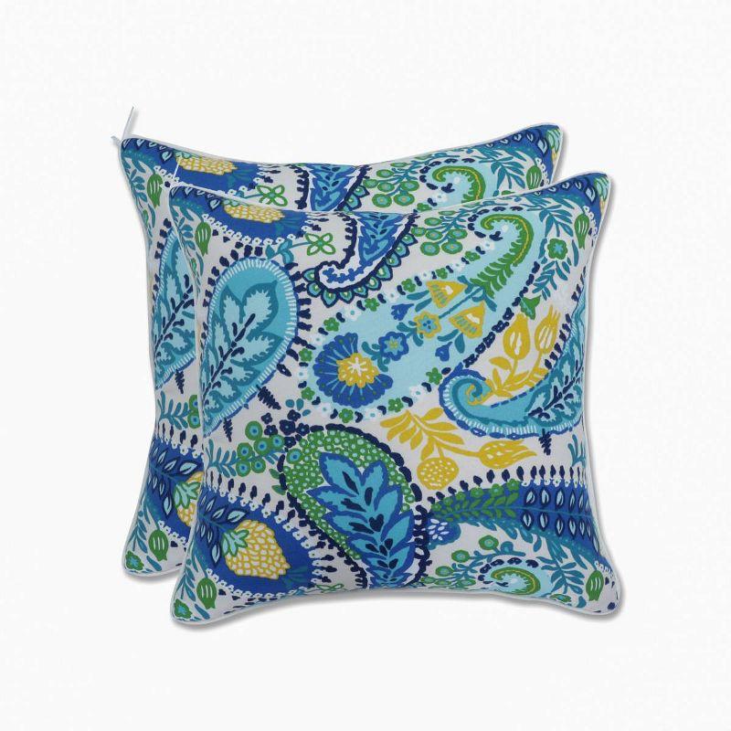 Amalia Blue and Green Paisley Square Outdoor Throw Pillows Set