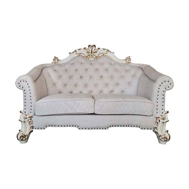 66" Vendome II Sofas Two Tone Ivory Fabric and Antique Pearl Finish - Acme Furniture: Elegant Leather Upholstery, Nailhead Trim