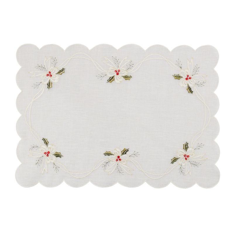 White Embroidered Holly and Ribbon Fabric Placemats Set of 4