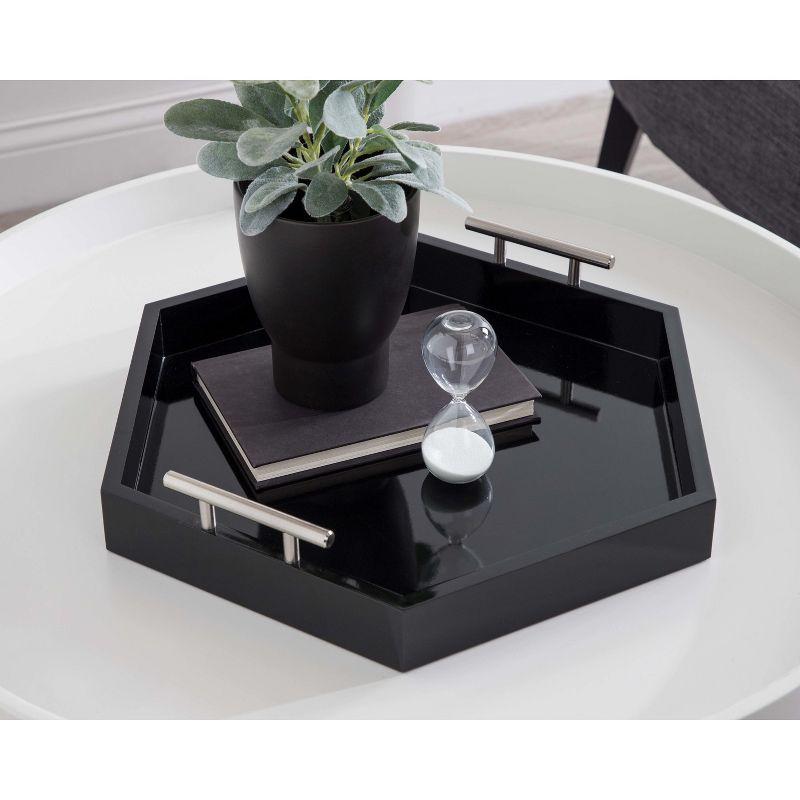 Lipton Hexagon Black Glossy Wooden Tray with Polished Metal Handles