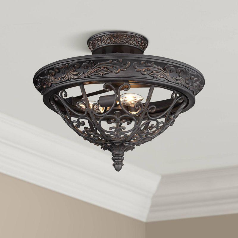 Franklin Iron Works French Scroll Rustic Farmhouse Ceiling Light Semi Flush Mount Fixture 16 1/2" Wide Rubbed Bronze 3-Light for Bedroom Kitchen House