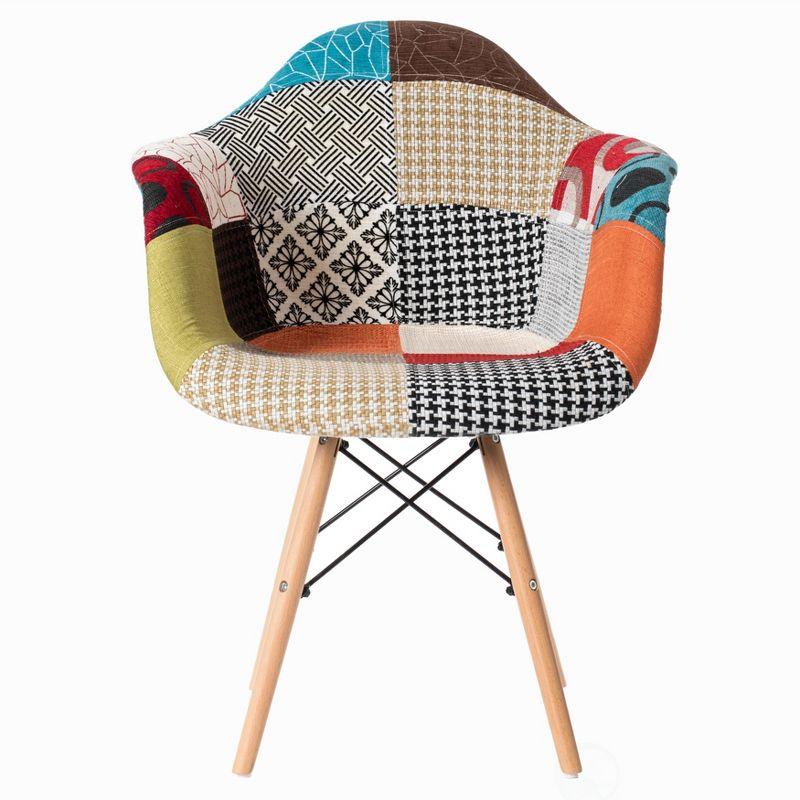 Fabulaxe Mid-Century Modern Upholstered Plastic Multicolor Fabric Patchwork DAW Shell Dining Chair with Wooden Dowel Eiffel Legs