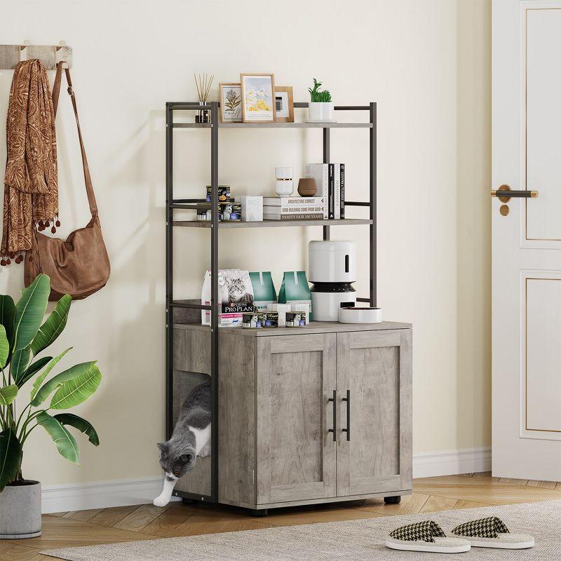 Garvee Cat Litter Box Enclosure with Shelf Storage, 2-in-1 Hidden Cat Washroom Furniture, Hidden Cat Box Enclosure with 3 Shelves and Door, Grey