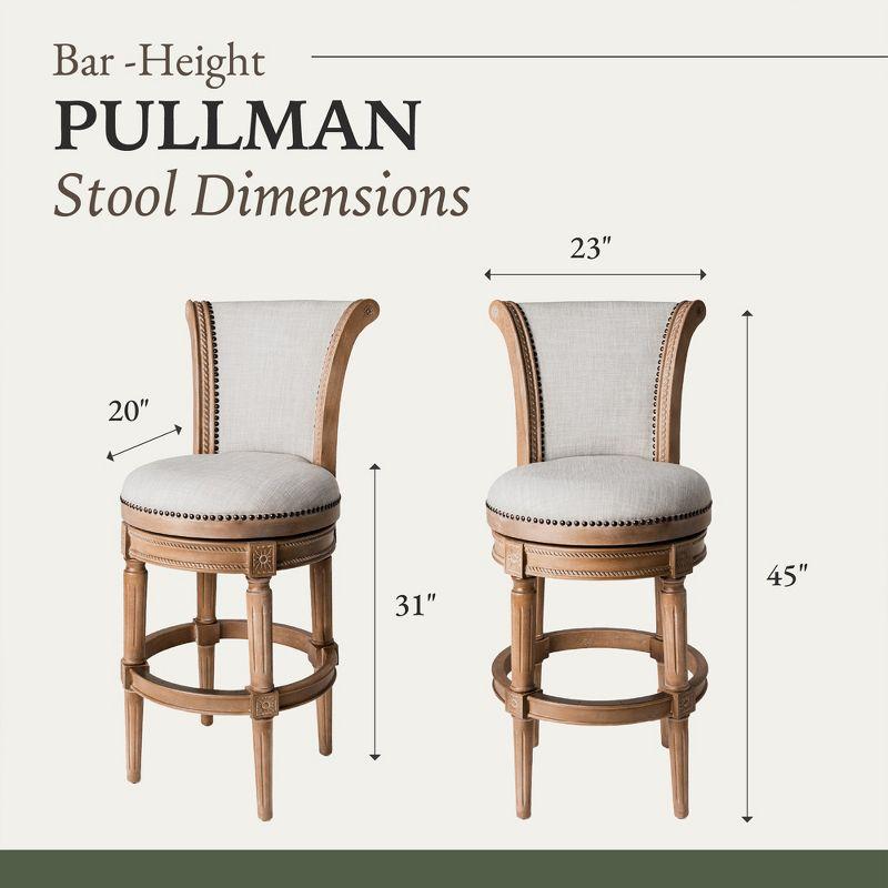 Maven Lane Pullman 31 Inch Tall Bar Height Upholstered Barstool with Back in Weathered Oak Finish with Sand Color Fabric Cushion Seat, Set of 4