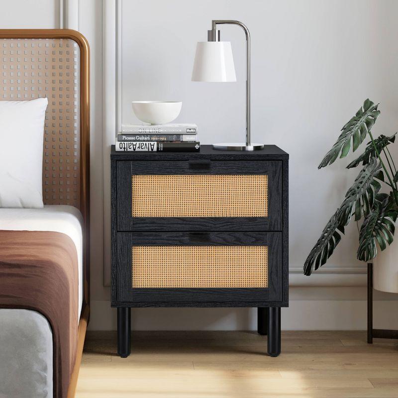 Black and Light Brown Rattan 2-Drawer Nightstand