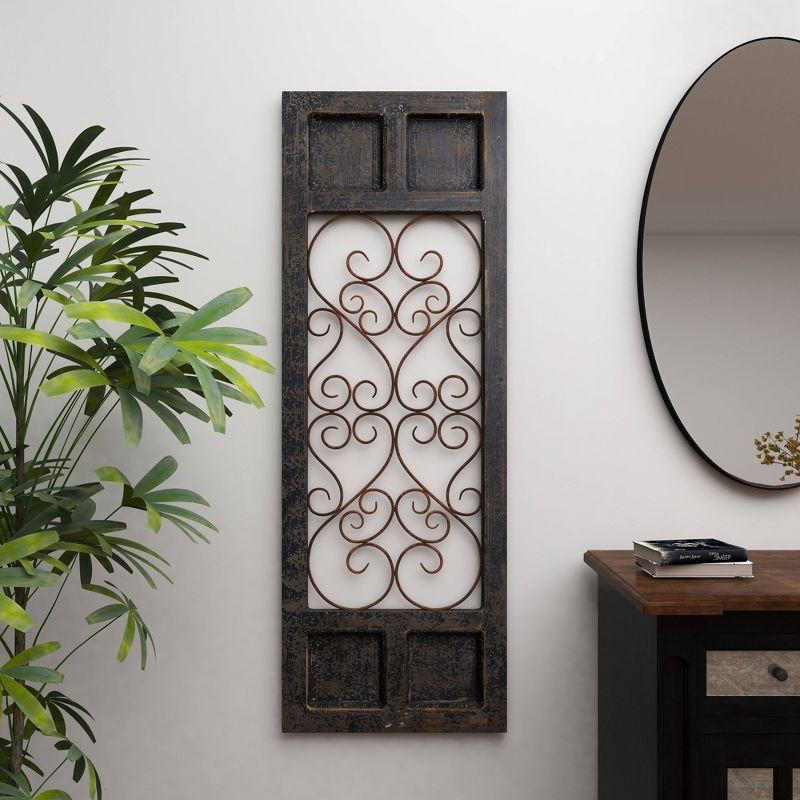 Olivia & May Traditional Wood Scroll Window Inspired Wall Decor with Metal Scrollwork Relief Brown: Vertical Iron Frame, Carved Art Object