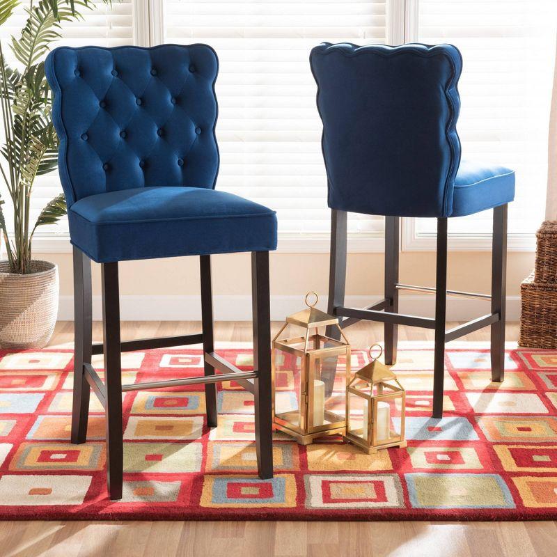 2pc Daphne Velvet Fabric Upholstered and Wood Counter Height Barstool Set Blue/Brown - Baxton Studio: Elegant Polyester Seating