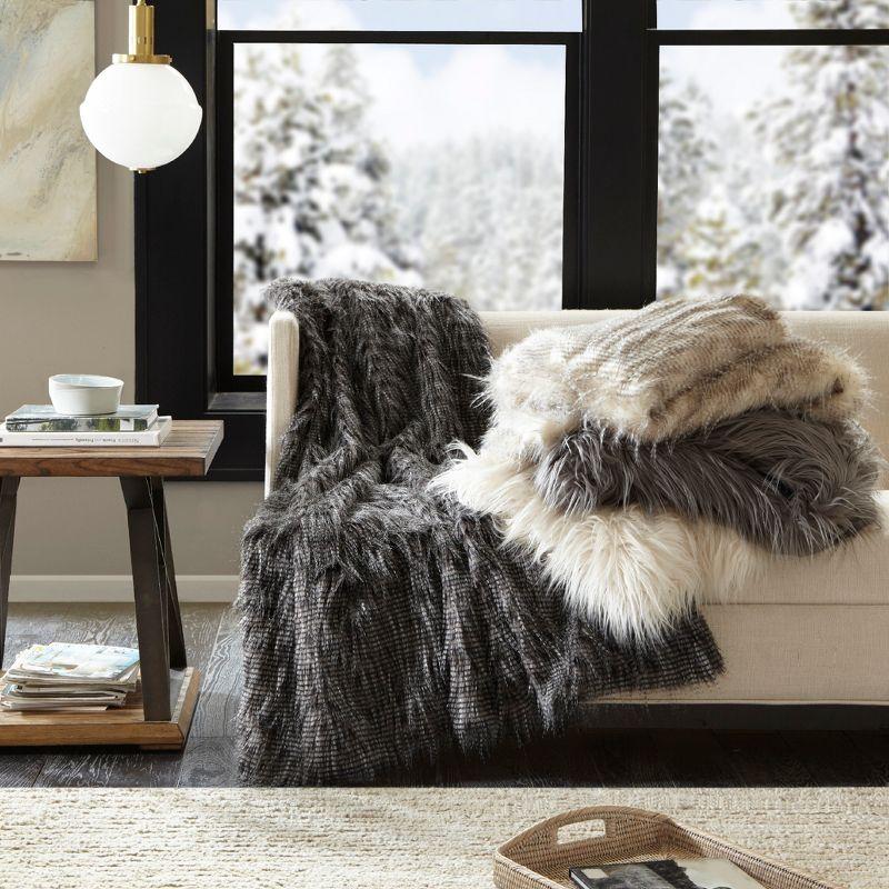 50"x60" Adelaide Faux Fur Throw Blanket Natural - Madison Park: Luxurious, Soft, Hypoallergenic