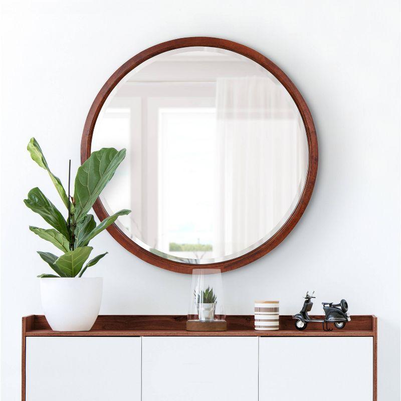 32" x 32" Hogan Round Framed Decorative Wall Mirror Walnut Brown : Modern Wood Frame, No Assembly Required