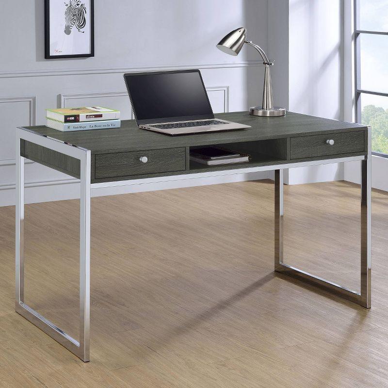 Wallice 2 Drawer Writing Desk with Chrome Base Weathered Gray - Coaster: Modern Home Office Furniture