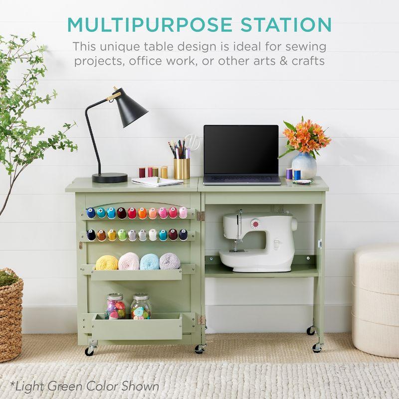 Compact White Sewing & Craft Table with Storage and Wheels