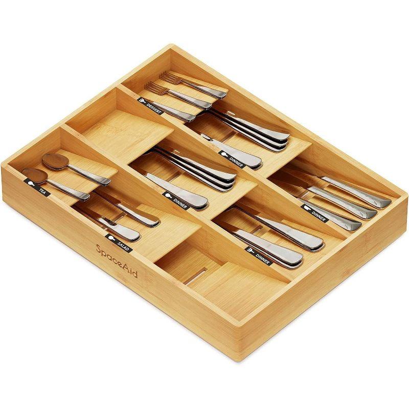 Bamboo Silverware Drawer Organizer with Labels (Natural, 9 Slots)-SpaceAid