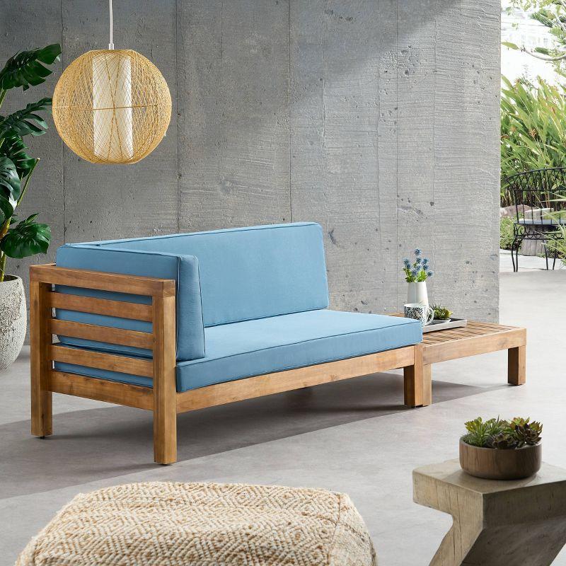 2pk Oana Outdoor Acacia Wood Left Arm Loveseat & Coffee Table with Cushion Teak/Blue - Christopher Knight Home: Transitional Patio Set