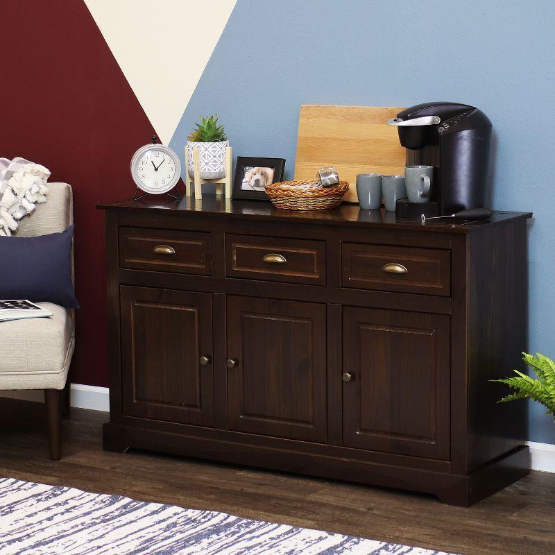 Sunnydaze Sideboard with 3 Drawers and 3 Doors - Solid Pine Construction - Dark Brown- 32"