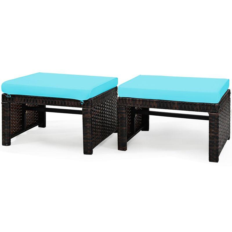 Costway 2PCS Patio Rattan Ottoman Cushioned Seat w/ Foot Rest Turquoise