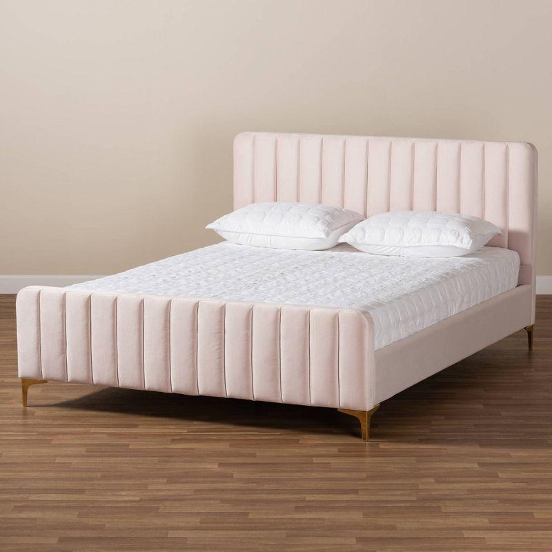 Full Nami Velvet Platform Bed Light Pink/Gold - Baxton Studio: Upholstered MDF Frame, No Box Spring Needed