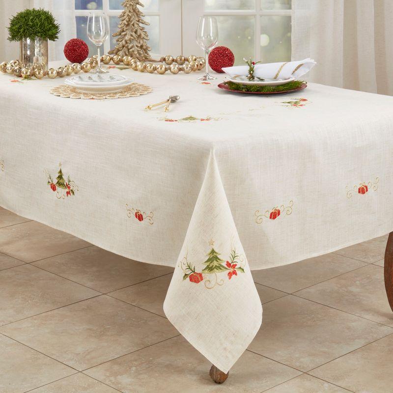 Saro Lifestyle Embroidered Christmas Tree Design Holiday Linen Blend Tablecloth, 67"x180", Beige