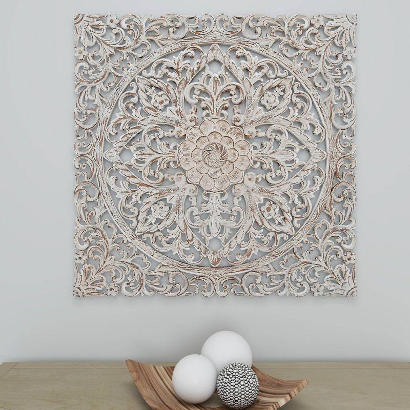 Wood Floral Handmade Intricately Carved Wood Wall Decor with Mandala Design Brown - Olivia & May: Traditional Style, Botanical Art