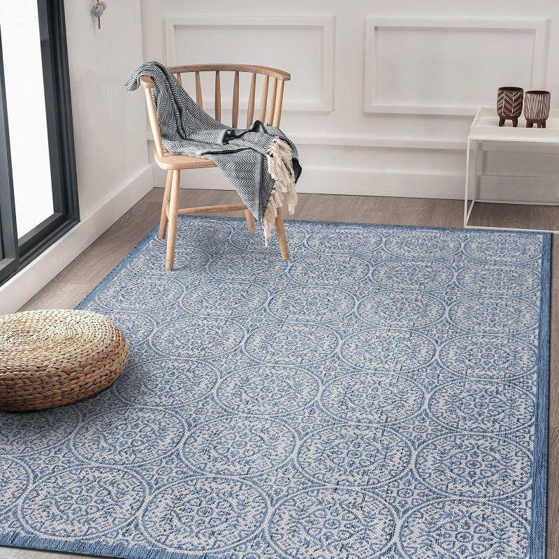 World Rug Gallery Transitional Floral Circles Textured Flat Weave Indoor/Outdoor Area Rug - BLUE 5' X 7'