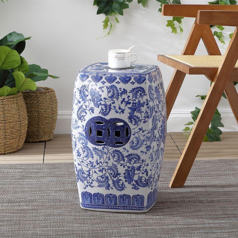 JONATHAN Y Floral Vine 18.5" Chinoiserie Ceramice Square Garden Stool, Blue/White