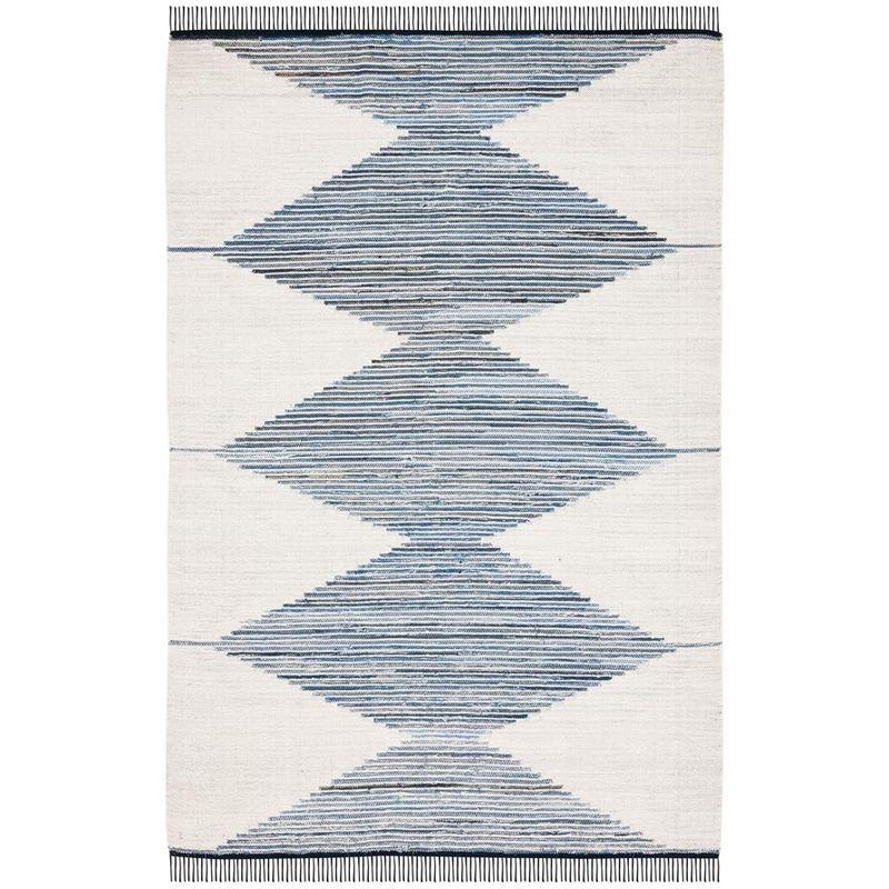 Ivory and Blue Handwoven Wool Cotton Kilim Area Rug