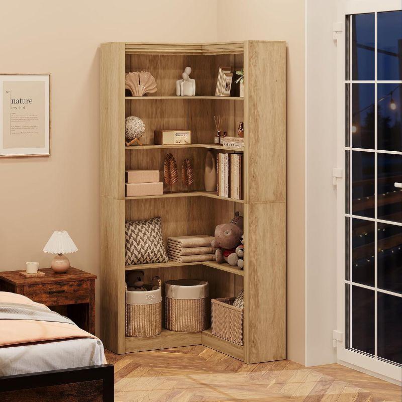 71.8" Gray Farmhouse Bookcase, L-Shaped Corner Bookshelf with 5-Tier Storage, Heavy Duty Shelf for Living Spaces