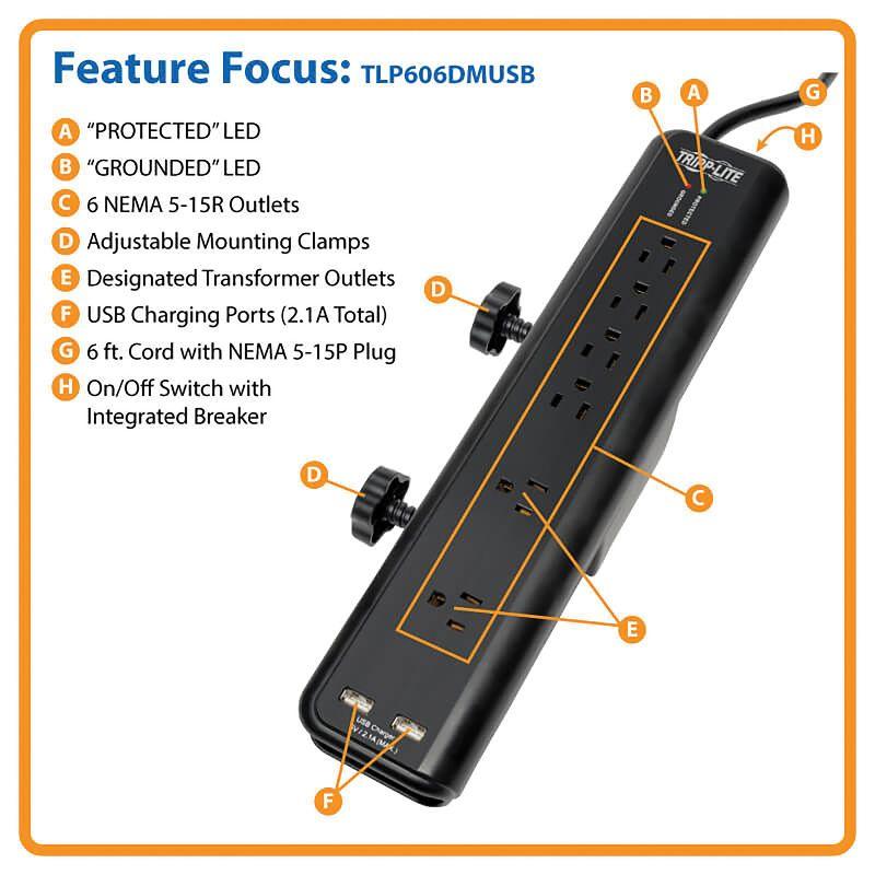 Tripp Lite 6-Outlet Surge Protector with Clamps and 2 USB Ports