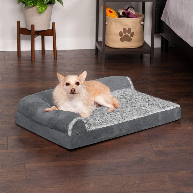 Two-Tone Faux Fur & Suede Deluxe L-Chaise Bolster Pet Bed