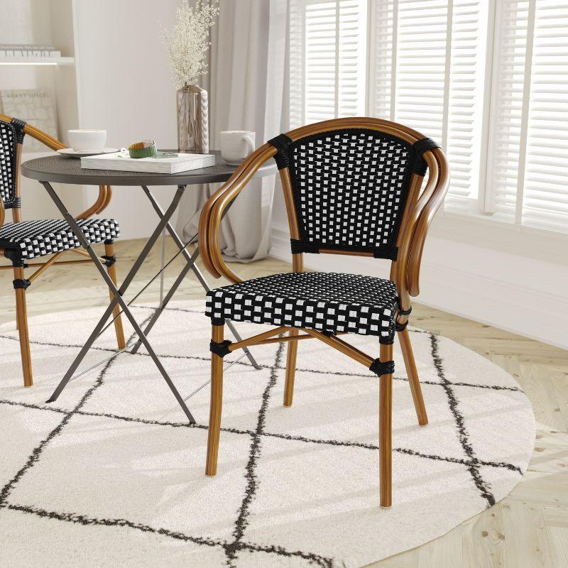 Emma & Oliver Soie Indoor/Outdoor Stacking Thonet Bistro Style Chair with Arms, Black & White PE Rattan Seat and Natural Bamboo Finished Metal Frame
