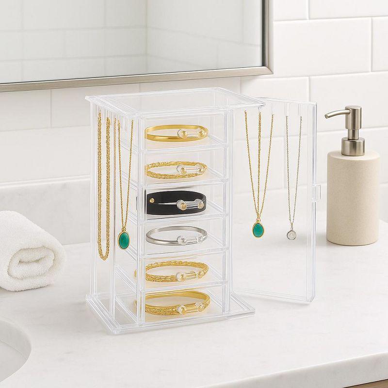 OnDisplay Clear Acrylic Jewelry Organizer Box with 6 Drawers and Side Hooks – Makeup, Necklace, and Accessory Storage for Dresser or Vanity
