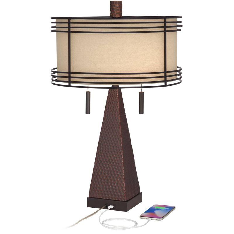 Franklin Iron Works Niklas Industrial Table Lamp 26" High Hammered Bronze with USB Charging Port Double Shade for Bedroom Living Room Bedside Desk