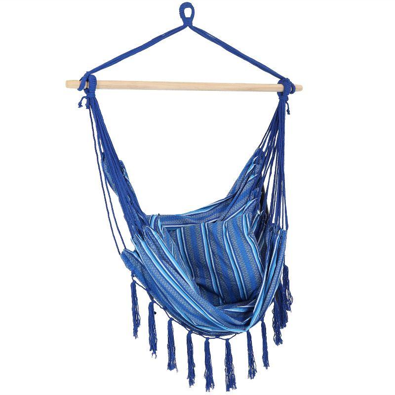 Sunnydaze Double Cushion Hanging Rope Hammock Chair Swing - 265 lb Weight Capacity - Cornflower Stripes