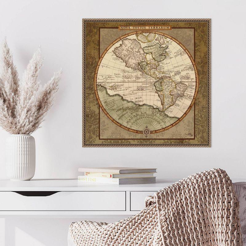 22"x22" Damask World Map I by Elizabeth Medley Framed Canvas Wall Art Print Bronze - Amanti Art: Modern Style, Polystyrene Frame