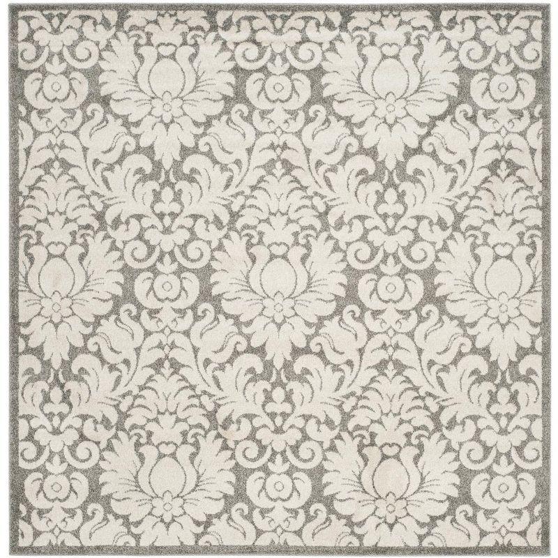 Gray and Cream Damask Square Synthetic Area Rug