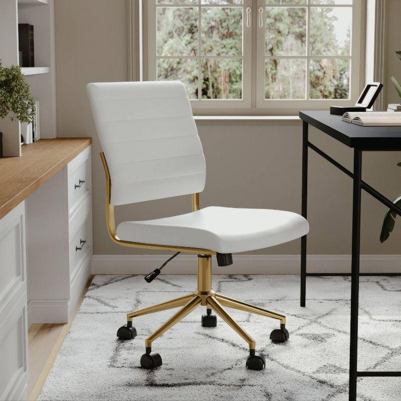 White Faux Leather Armless Swivel Office Chair with Brass Frame