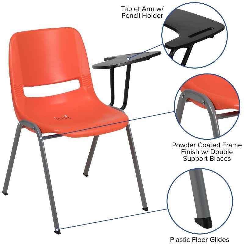 Compact Orange Ergonomic Shell Chair with Flip-Up Tablet Arm