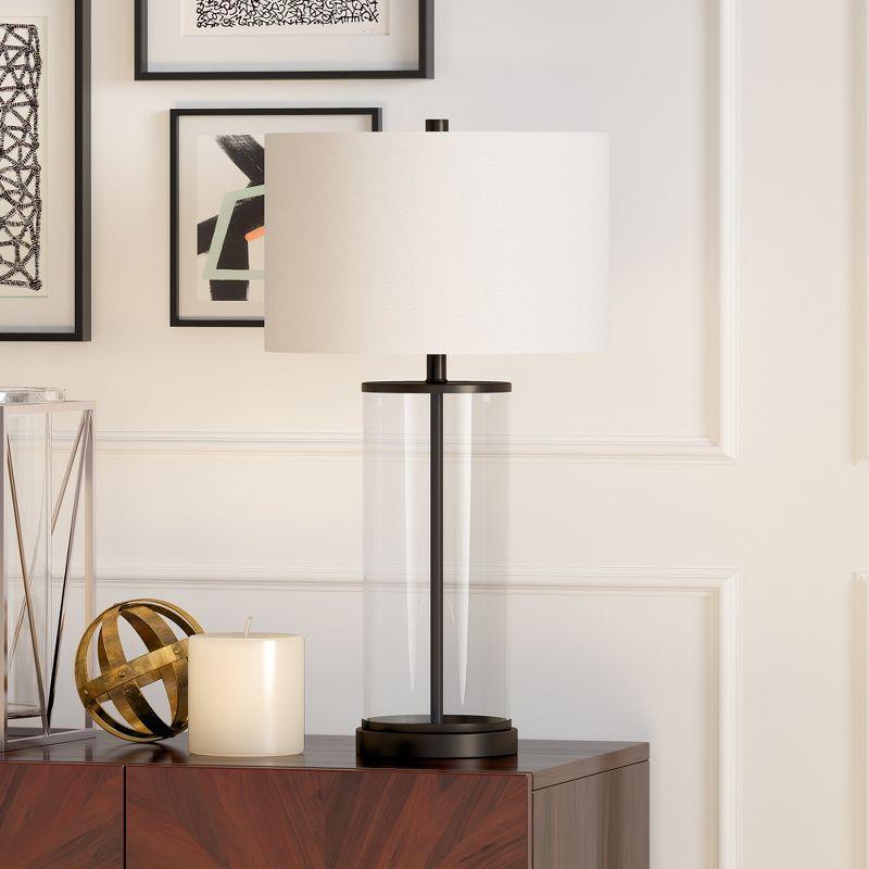 Blackened Bronze and Glass Cylinder Table Lamp with Linen Shade