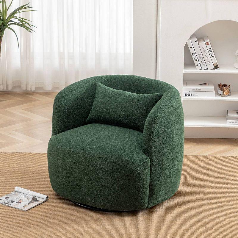 Green Boucle Upholstered Swivel Barrel Accent Chair with Wood Frame