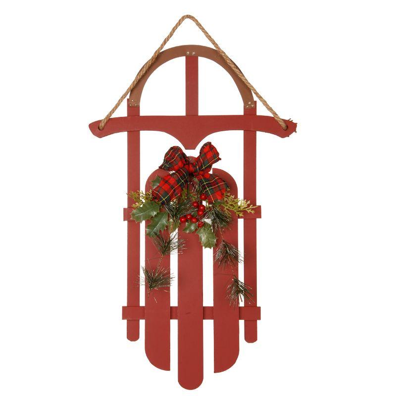 Red Wooden Sled with Plaid Bow and Holly Leaves