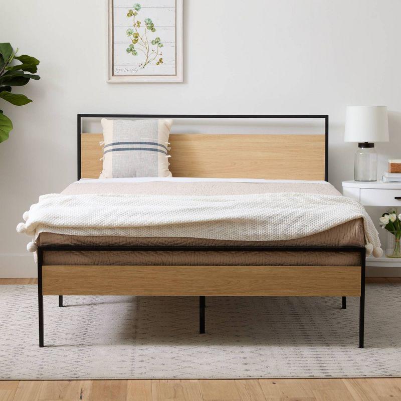 King Natural Wood and Upholstered Platform Bed with Headboard