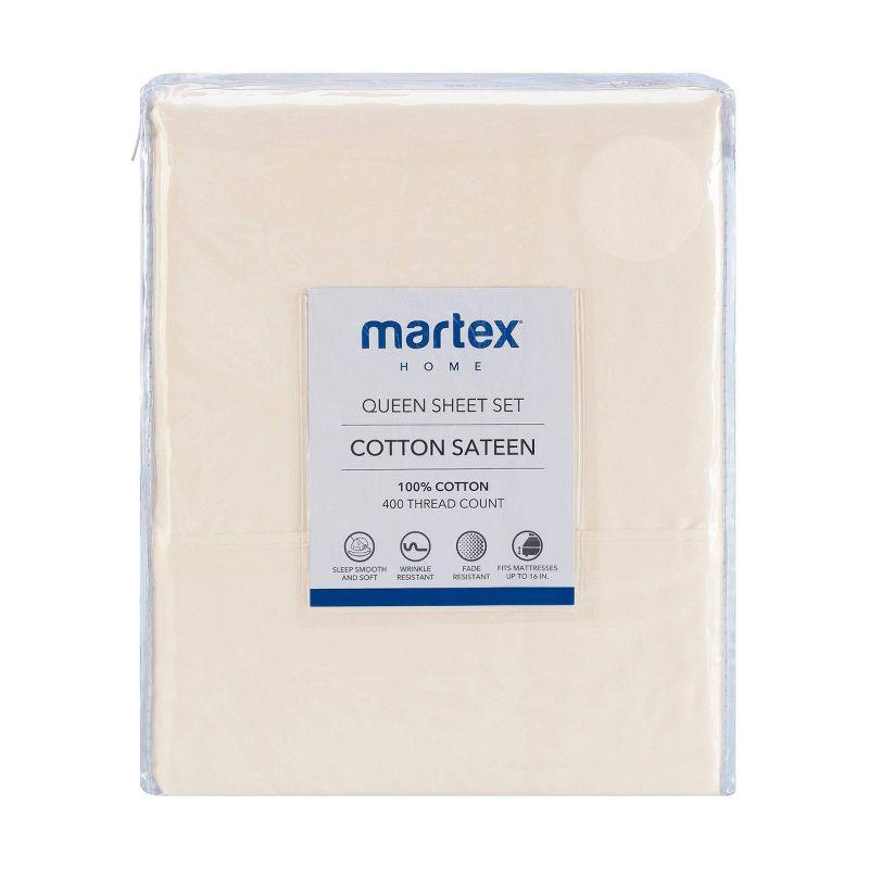 Martex 400 Thread Count Luxury Sheet Set 100% Long Staple Cotton Sateen Weave Silky Soft & Durable, Wrinkle & Fade Resistant, Deep Pocket