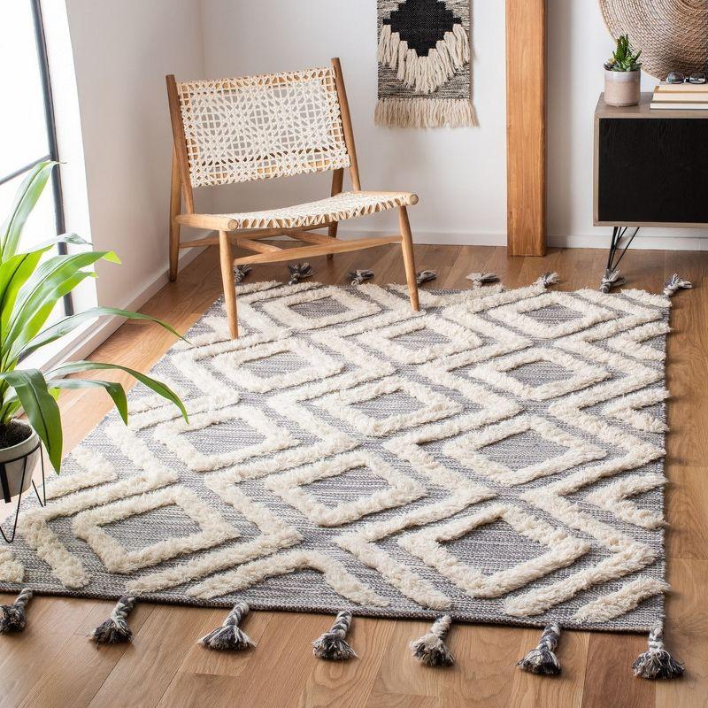 Ivory and Gray Hand-Knotted Wool Geometric Rug with Fringe